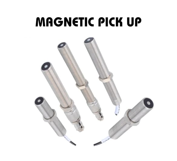 Image of five magnetic pick-up sensors with metallic cylindrical bodies and black tips, arranged in a fan-like pattern. The text 'MAGNETIC PICK UP' is displayed above the sensors